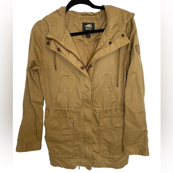 ROOTS distressed cargo khaki military utility cotton linen jacket size S - Picture 1 of 12